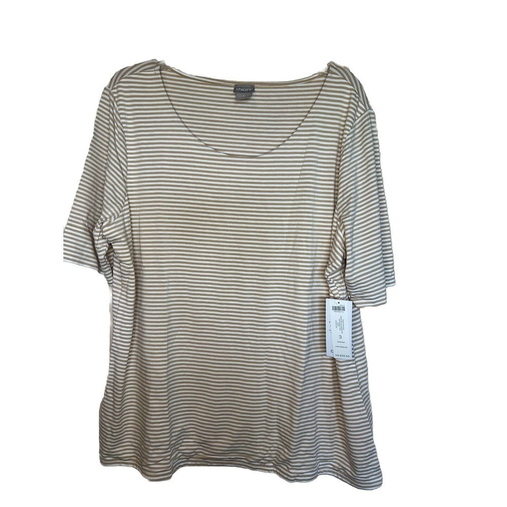 Chico's NWT Scoop Neck Summer Beige Stripe Elbow Sleeve Tee Sand Top XL Stretchy